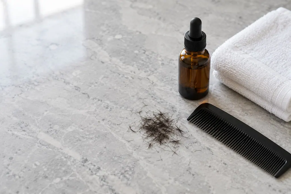 Botol kaca ambar bertitis, tuala putih berlipat, sikat hitam dan sedikit potongan rambut atas kaunter marmar kelabu.