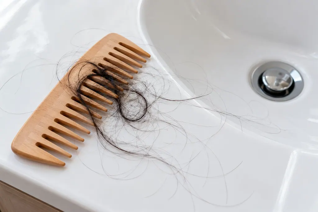Sikat kayu bergigi jarang dengan segumpal rambut hitam yang gugur, atas sinki putih.