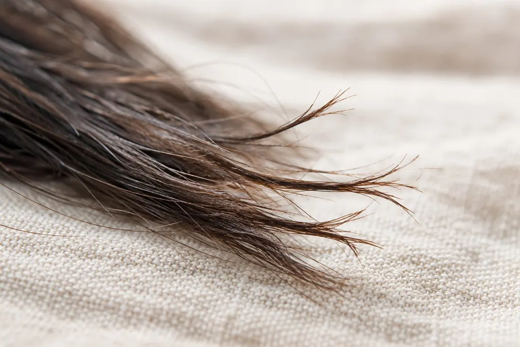 Gambar dekat hujung rambut yang bercabang, atas kain linen warna krim.