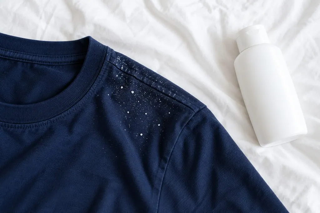 Serpihan kelemumur putih atas bahu baju-T biru gelap, dengan botol syampu putih tanpa label di sebelah.